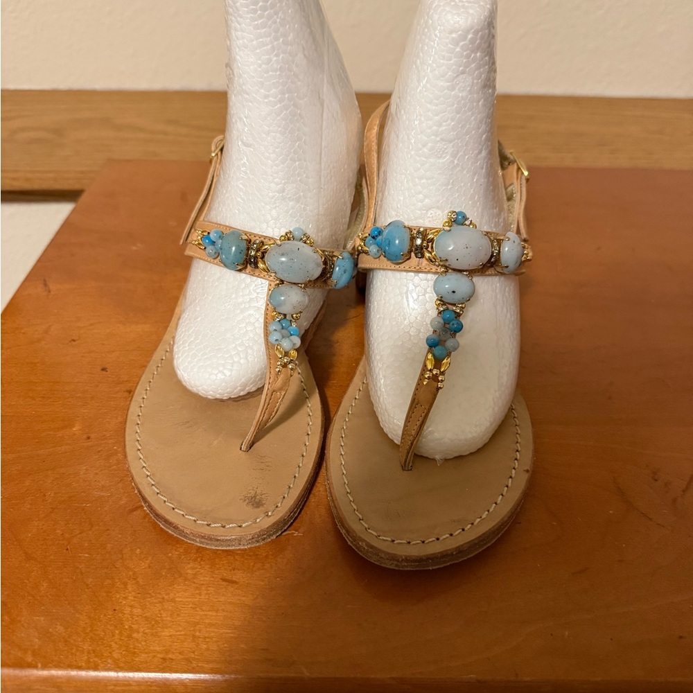Roberta Peruzzini De Martino Capri Elegant Tan and Blue Beaded Women's Sandals
